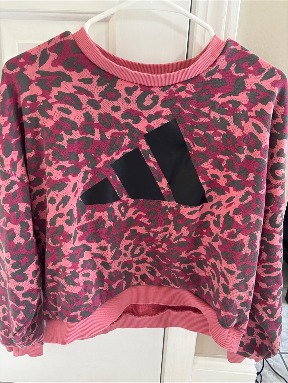 adidas Pink and Dark Gray Leopard Print Crewneck Sweatshirt